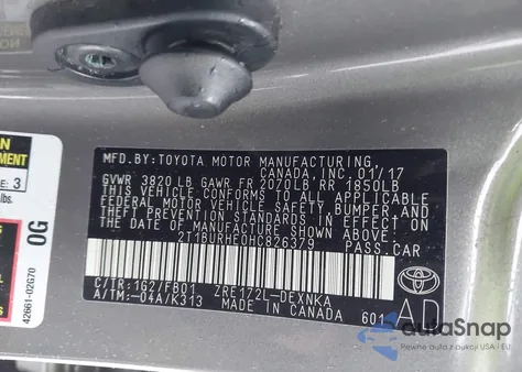 2017 Toyota Corolla Le from USA, damaged, VIN 2T1BURHE0HC826379